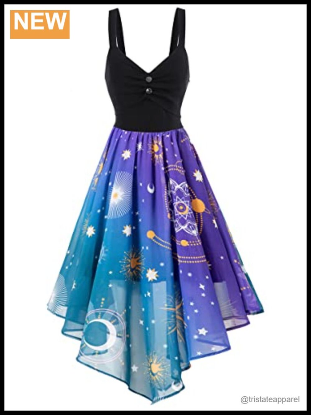 Sleeveless A-Line Chiffon Dress High Low Handkerchief Hem Galaxy Star Print